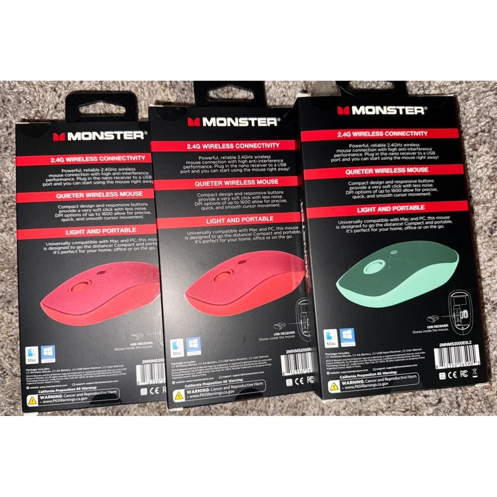 3 Monster Wireless Mouse Silent Clicks‎ Compact Light Portable 2.4G Connectivity